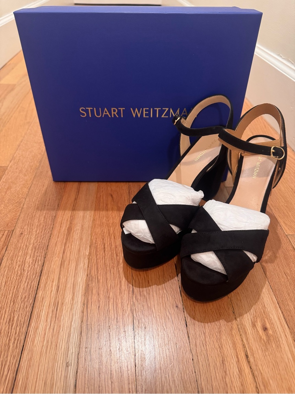 Stuart Weitzman Black Suede Crisscross Platform Sandals with Ankle Strap